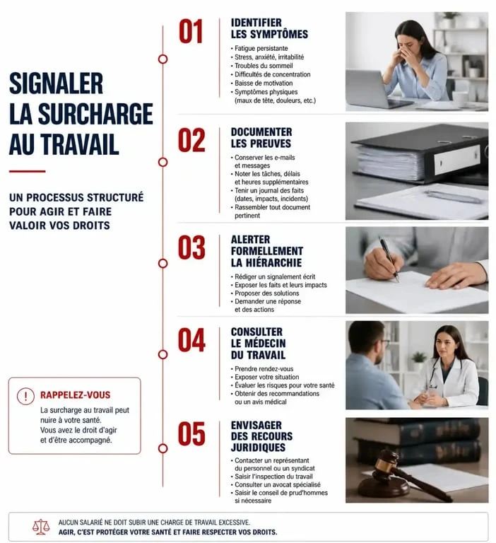 Infographie sur les étapes pour gérer une surcharge au travail et faire valoir ses droits