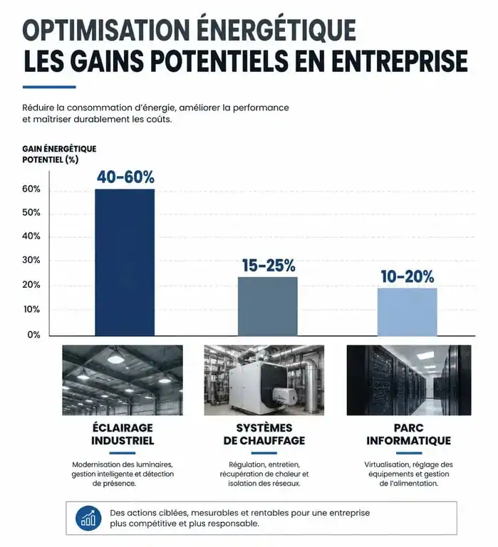 Infographie sur l'optimisation des ressources énergétiques en entreprise et gains potentiels