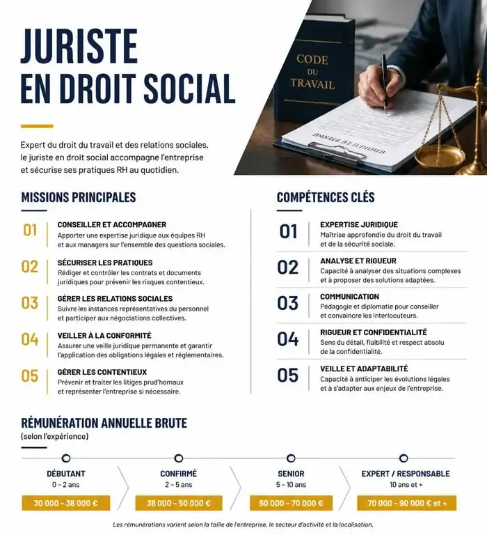 Infographie du profil et des compétences du juriste en droit social pour une recherche d'emploi