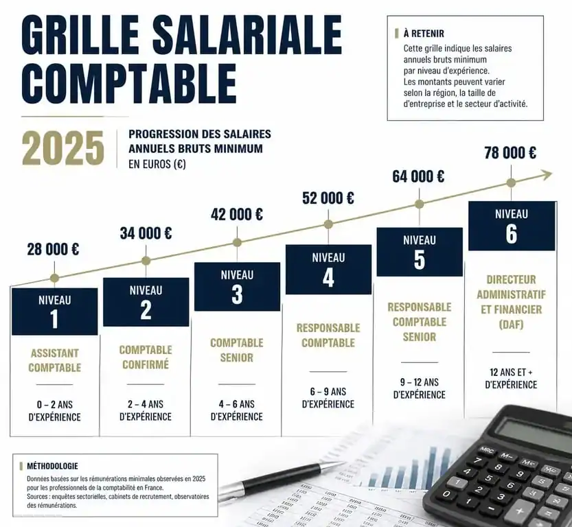 Infographie de la grille de salaire expert comptable 2025 par niveau et coefficient