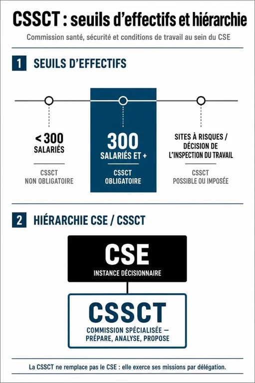 Infographie des seuils et rôles de la SSCT et CSSCT en entreprise