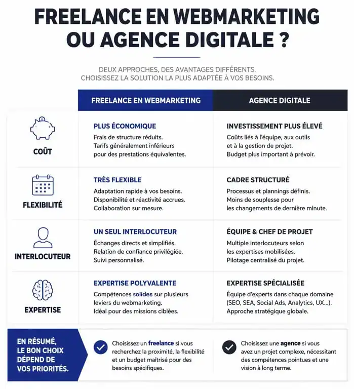 Comparatif entre un webmarketing freelance et une agence digitale pour choisir son prestataire