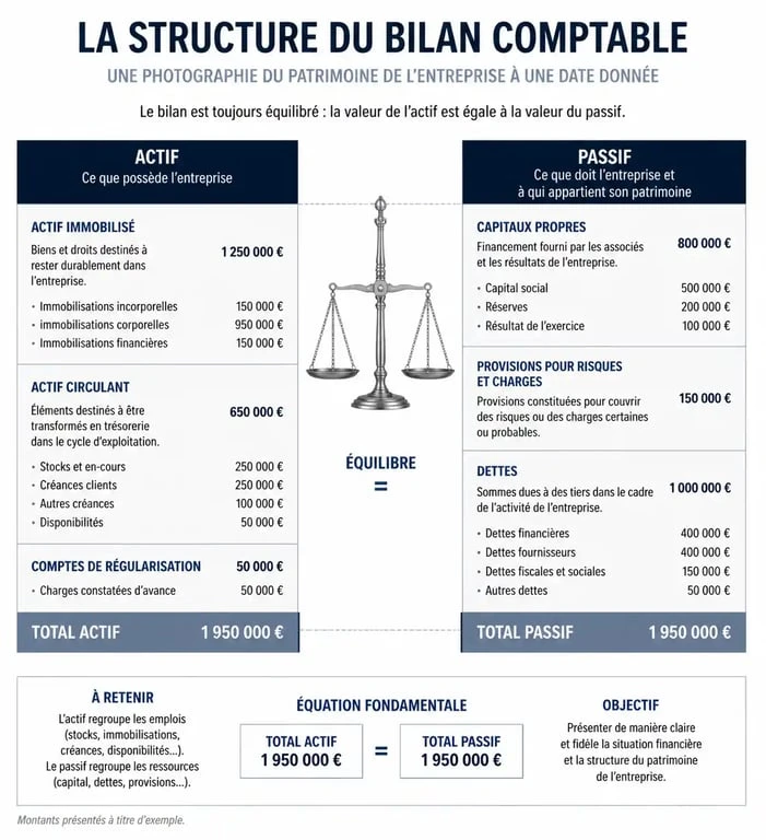Schéma explicatif de la structure d'un bilan comptable actif et passif