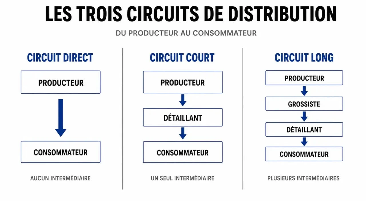 Schéma des différents circuits de la stratégie de distribution : direct, court et long.