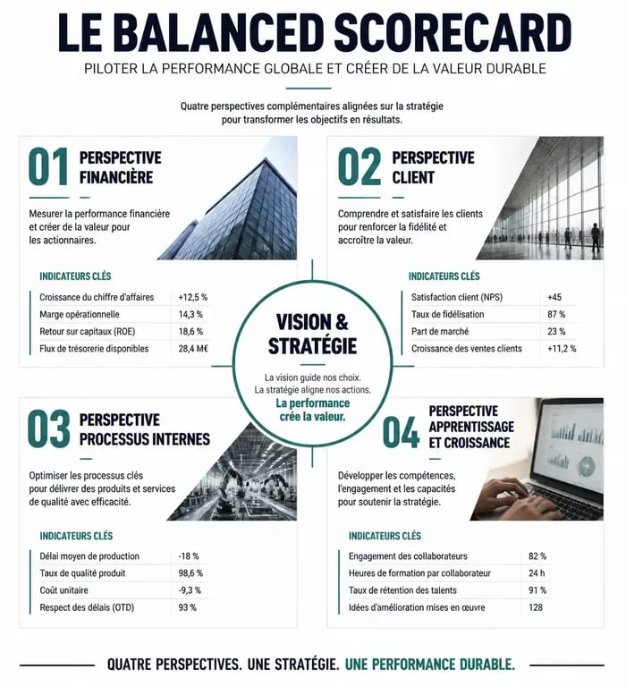 Infographie des quatre perspectives du pilotage stratégique et du Balanced Scorecard