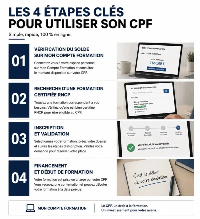 Infographie des étapes pour utiliser son CPF et trouver une idée formation cpf