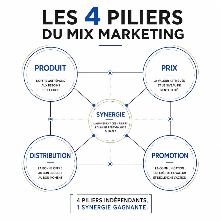 Schéma illustrant les 4 P du marketing mix : Produit, Prix, Place et Promotion.
