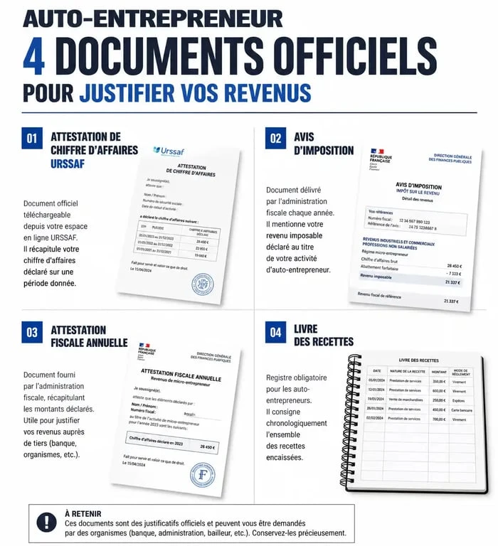Infographie des 4 documents indispensables pour justifier ses revenus en tant qu'auto-entrepreneur