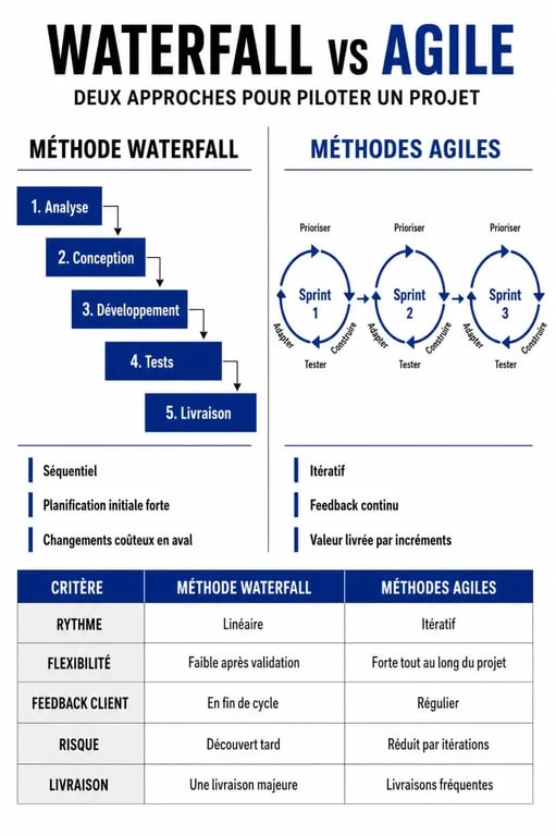 Infographie comparative des méthodes de gestion de projet Waterfall et Agile
