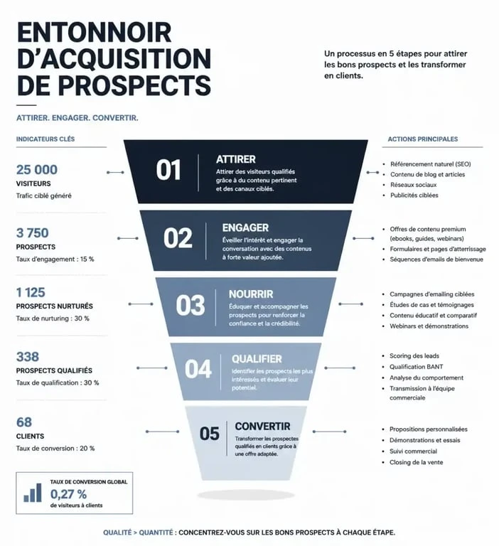 Schéma du processus de lead acquisition marketing : de l'attraction à la conversion
