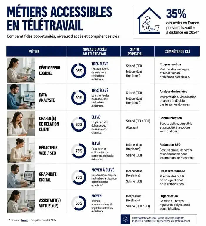 Tableau comparatif des métiers en télétravail : rédacteur web, développeur, téléconseiller