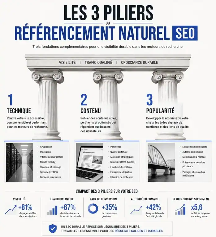 Schéma des trois piliers du référencement naturel SEO : technique, contenu et popularité