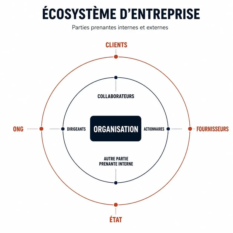Infographie illustrant la distinction entre les parties prenantes internes et externes d'une entreprise