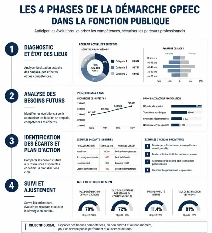 Infographie des 4 étapes de la démarche GPEEC dans la fonction publique pour une gestion prévisionnelle efficace.