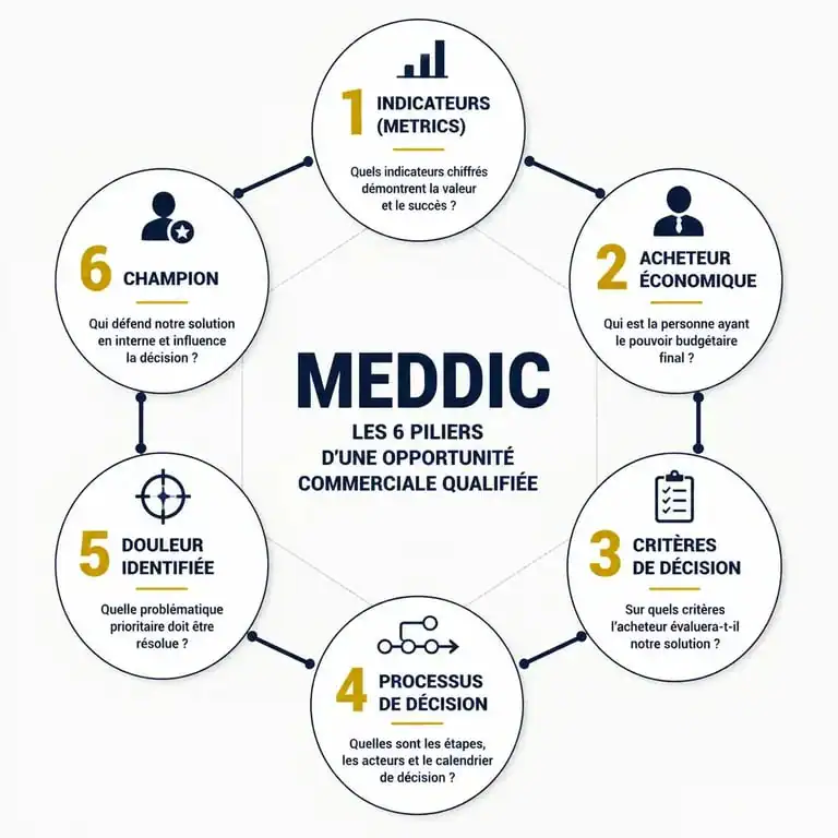 Infographie des 6 piliers de la méthode MEDDIC pour la qualification commerciale B2B