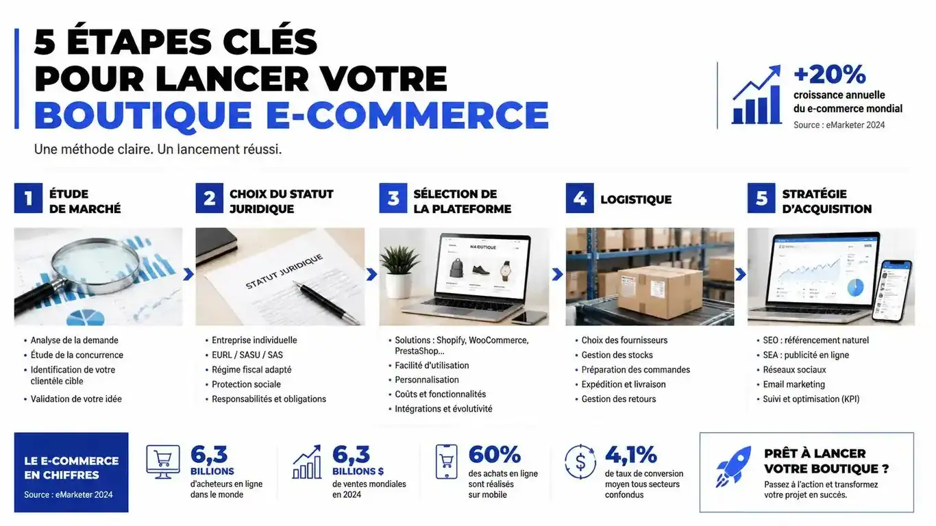 Infographie des étapes pour se lancer dans le e-commerce et créer sa boutique en ligne