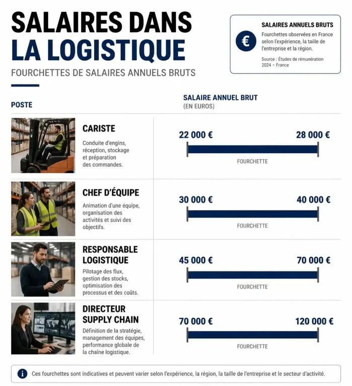 Infographie des salaires dans la logistique par métier et niveau d'expérience