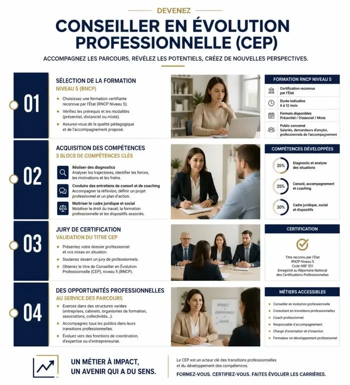 Infographie des étapes pour devenir conseiller en évolution professionnelle et obtenir sa certification