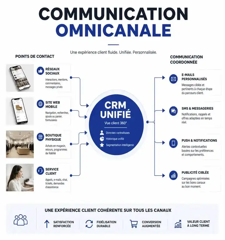 Schéma illustrant le fonctionnement de la communication omnicanale avec un CRM centralisant les données clients