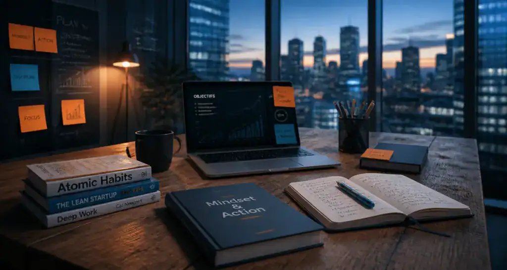 entrepreneuriat livre sur bureau moderne avec ordinateur et carnet