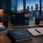 entrepreneuriat livre sur bureau moderne avec ordinateur et carnet