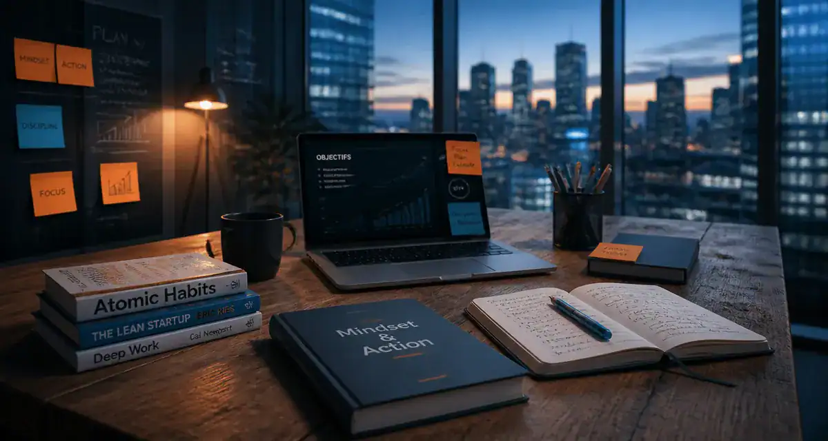 entrepreneuriat livre sur bureau moderne avec ordinateur et carnet