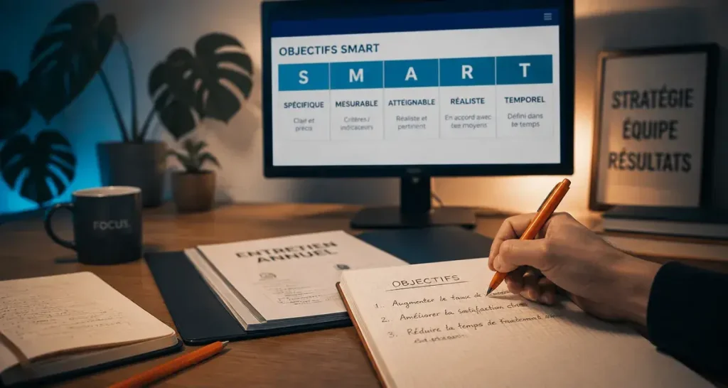 Objectifs entretien annuel sur tableau SMART, bureau et documents d’entretien annuel