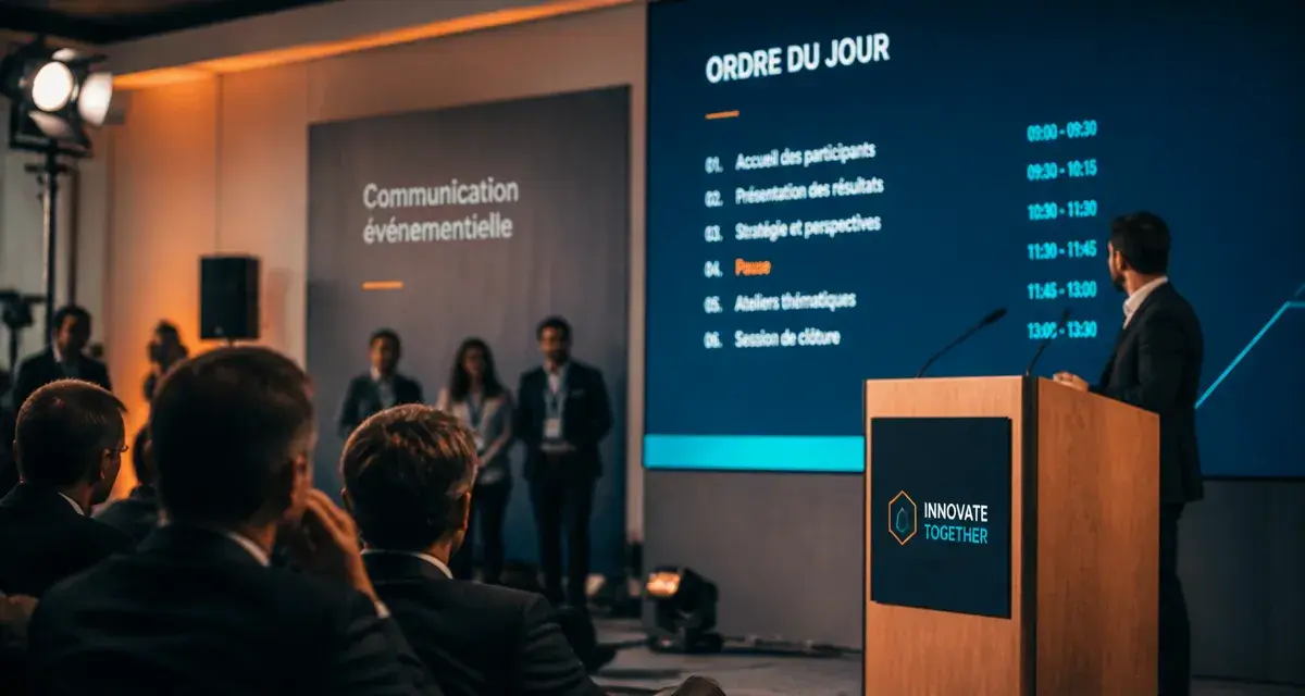Communication événementielle : scène corporate, présentation devant une équipe