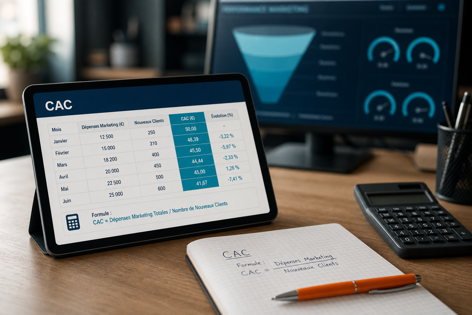 Coût acquisition client (CAC) et formule de rentabilité sur tablette