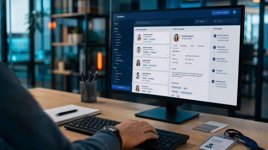 CRM recrutement avec ATS, viviers et ROI sur écran de suivi candidats