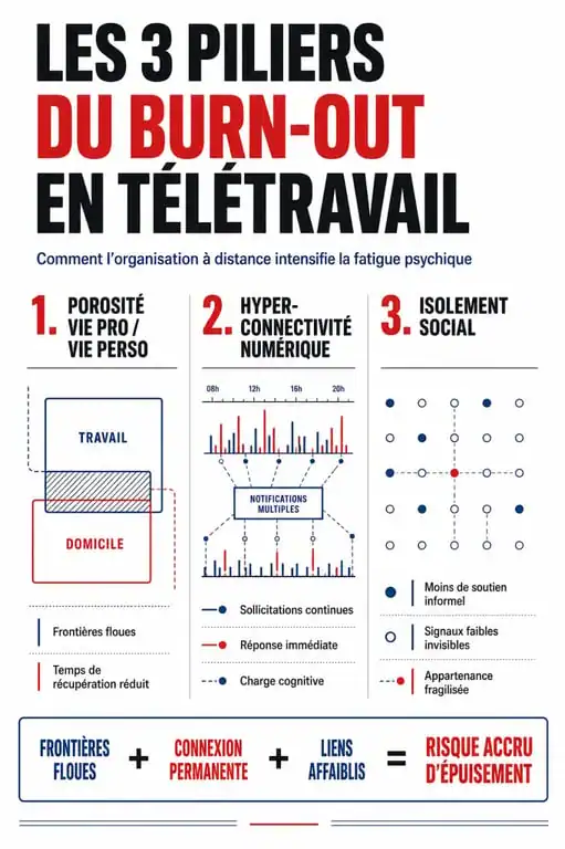 Infographie sur les causes du burn-out en télétravail : isolement, porosité vie pro-perso et surcharge cognitive.