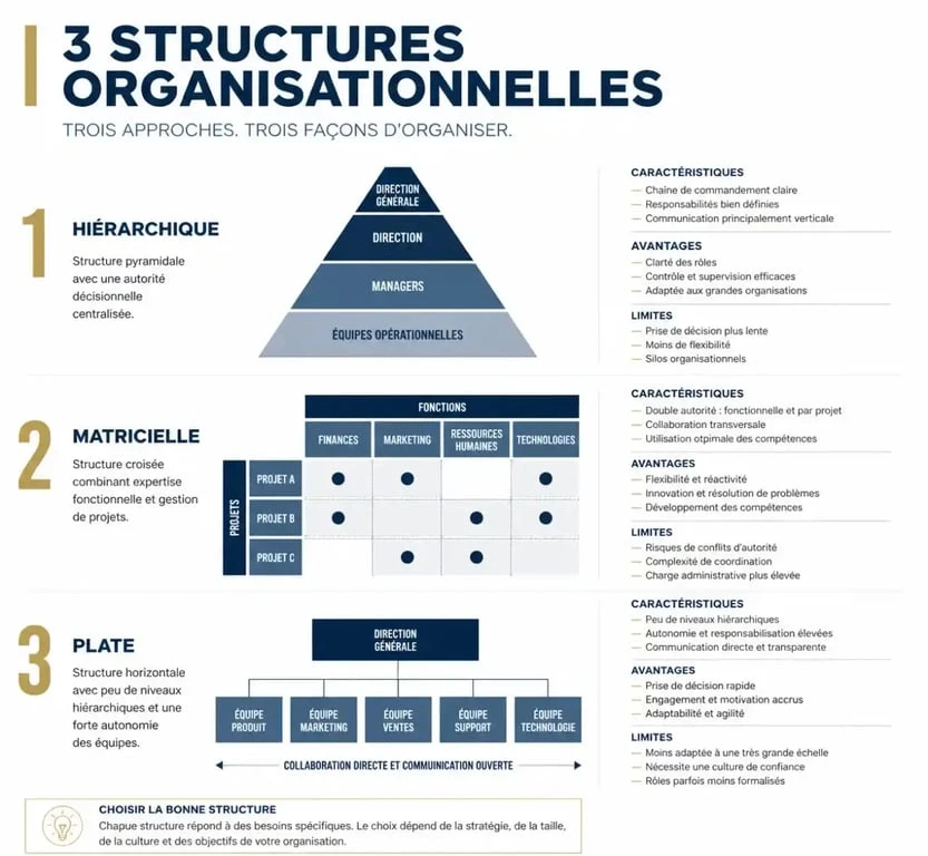 Schéma illustrant les trois types d'organigramme d'entreprise : hiérarchique, matriciel et plat