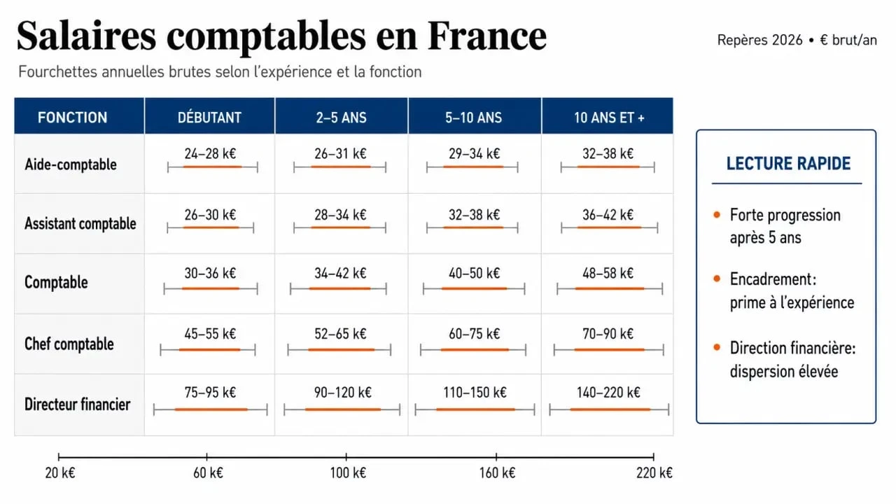Infographie sur le salaire comptable France avec fourchettes de rémunération par poste et niveau d’expérience
