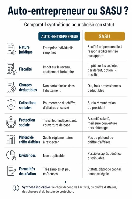 Comparatif auto entrepreneur ou sasu avec les différences de fiscalité, charges et protection sociale