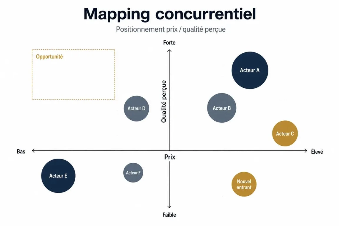 Mapping concurrentiel exemple : carte de positionnement prix-qualité avec plusieurs concurrents