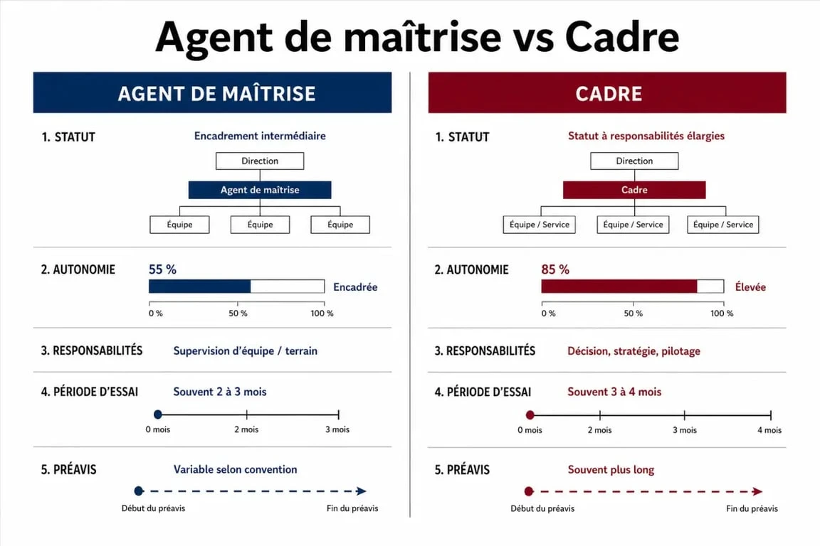 Agent de maitrise cadre ou non cadre : illustration comparative des différences de statut, autonomie et préavis