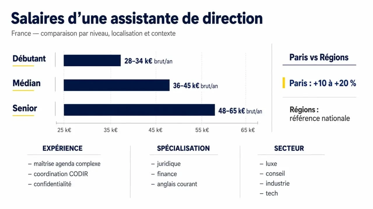 Infographie sur le salaire d’une assistante de direction en France selon l’expérience, la localisation et le secteur
