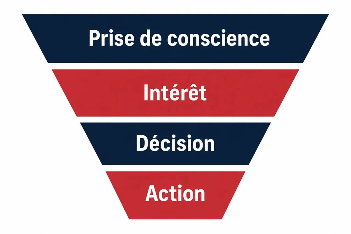 Schéma illustrant les 4 étapes d'un tunnel de vente : prise de conscience, intérêt, décision et action.