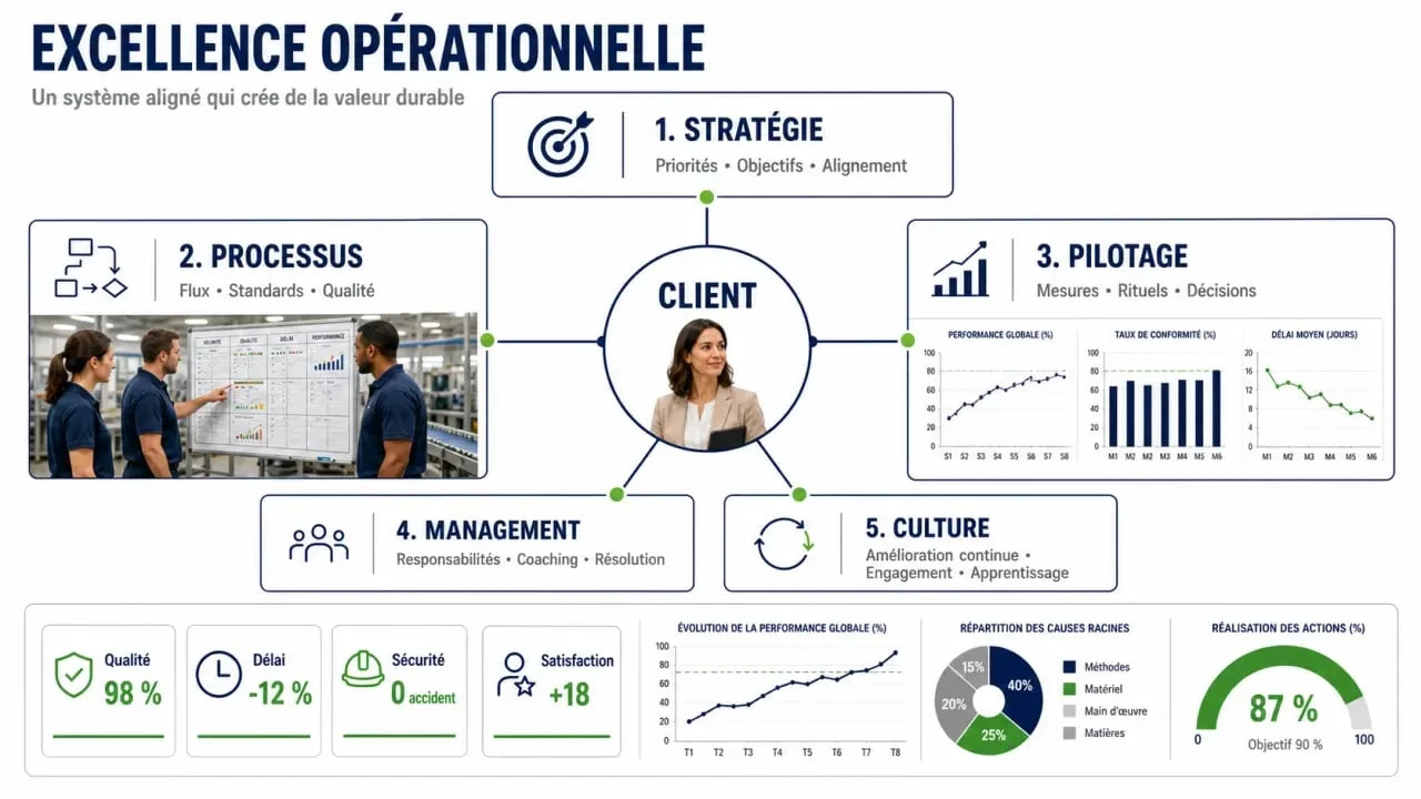 Définition excellence opérationnelle : schéma éditorial des piliers stratégie, processus, pilotage, management et culture