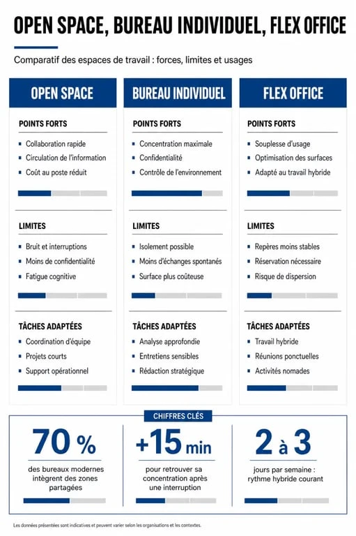 Infographie sur travailler en open space avec comparaison open space, bureau individuel et flex office