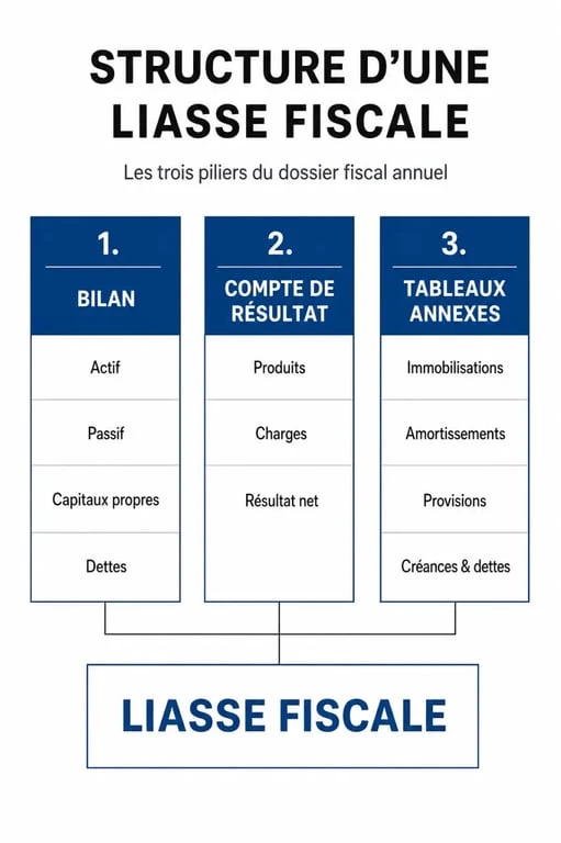 Schéma illustrant la composition de la liasse fiscale : Bilan, Compte de résultat et annexes.