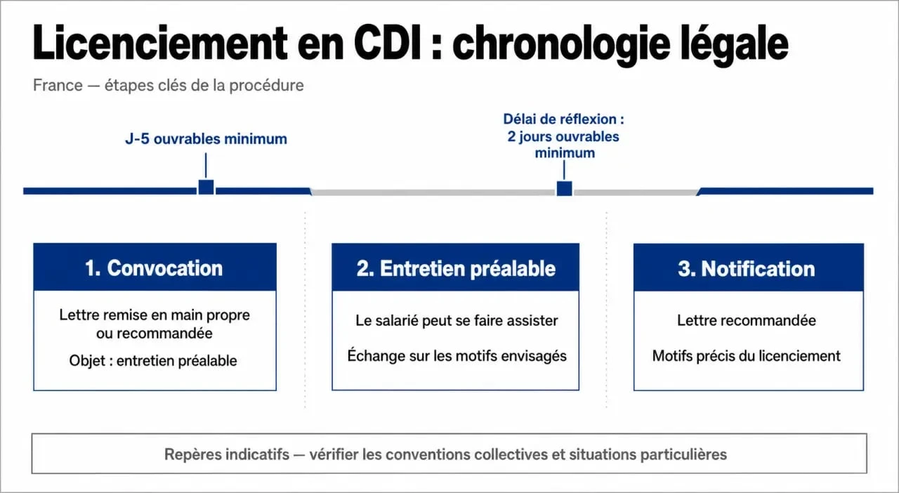 Infographie des étapes et délais légaux pour licencier un salarié en CDI