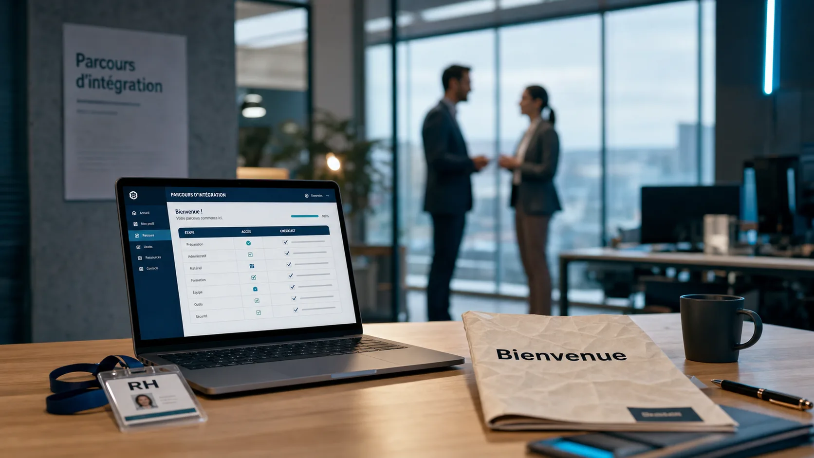 Intégration entreprise : onboarding avant le jour J, manager et nouvel arrivant au bureau RH