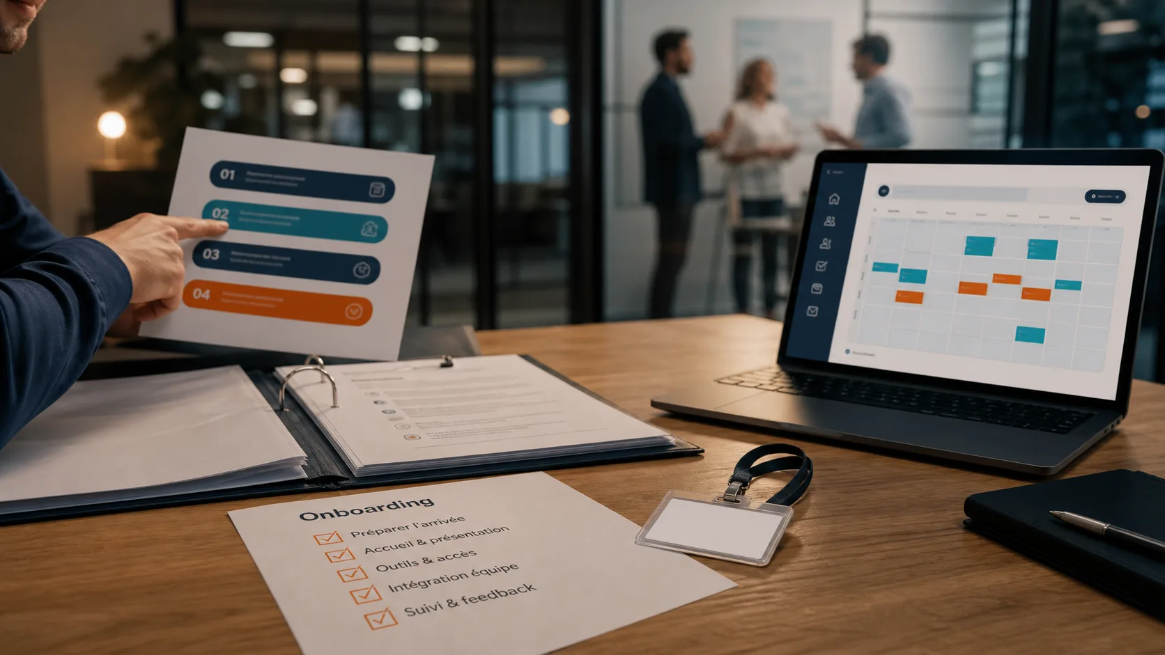 Intégration entreprise : onboarding RH avant, jour J et après, bureau moderne