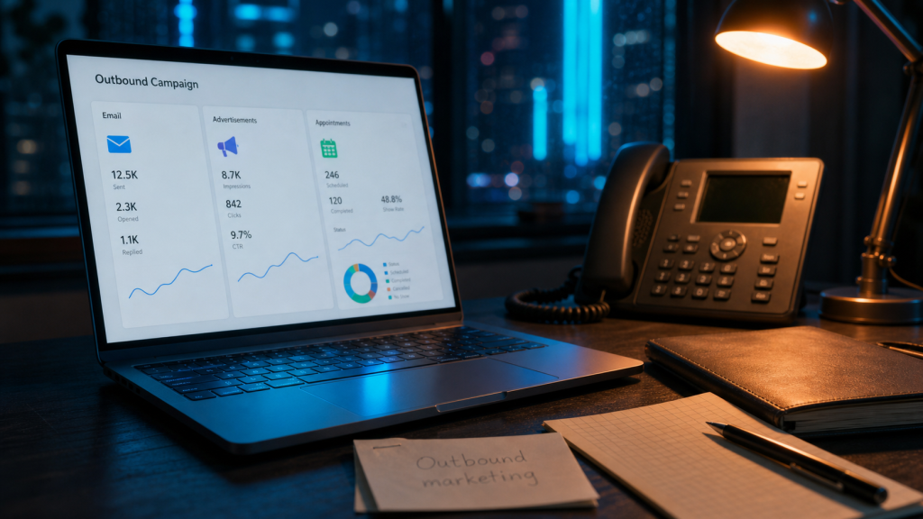 Outbound marketing : ordinateur portable, email et rendez-vous pour prospects