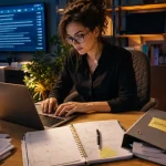 Secretaire freelance sur ordinateur, documents administratifs, bureau moderne