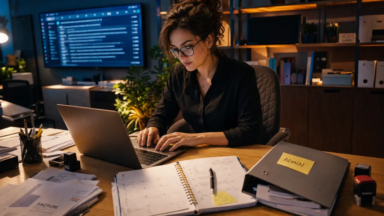 Secretaire freelance sur ordinateur, documents administratifs, bureau moderne