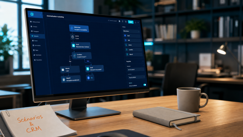 Solution marketing automation : workflow CRM sur écran, open space