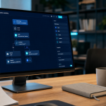 Solution marketing automation : workflow CRM sur écran, open space