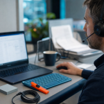 Teleconseiller teletravail au casque, bureau avec CRM
